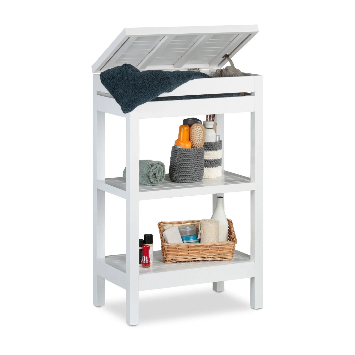 Relaxdays Badregal Bambus Weiß Mit Klappe 76,5 cm x 46 cm x 29,5 cm 7 kg