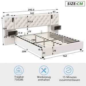 PXloue Polsterbett Doppelbett in Beige mit LED und Stauraum für Schlafzimmer  160x200
