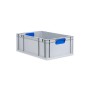 Graue PROREGAL Eurobox mit blauem Griff und Deckel, 22x40x60 cm, ideal zur Aufbewahrung.