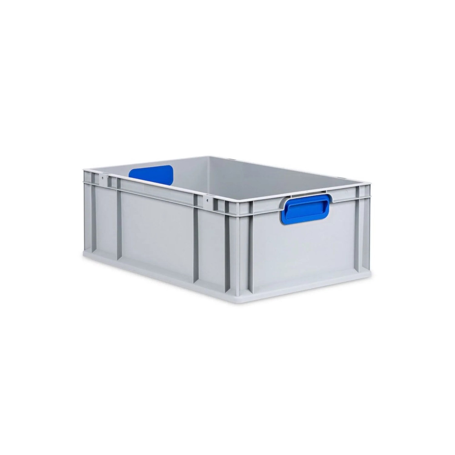 Graue PROREGAL Eurobox mit blauem Griff und Deckel, 22x40x60 cm, ideal zur Aufbewahrung.