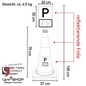 Gelber UvV Flex Leitkegel 75cm mit Parkplatzschild für Elektroautos zur Baustellenabsicherung.