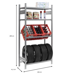 PROREGAL Getränkekisten- & Reifenregal Chiemsee Tire mit 3 Kisten, 4 Reifen und 2 Ablageboards.