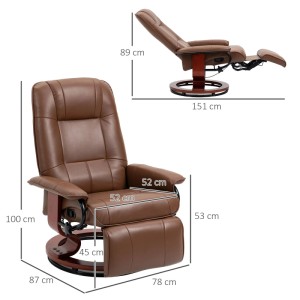 Brauner Kunstleder Relaxsessel mit drehbarer Holzbasis, Liegefunktion und Fußstütze, Maße. Loungesessel.