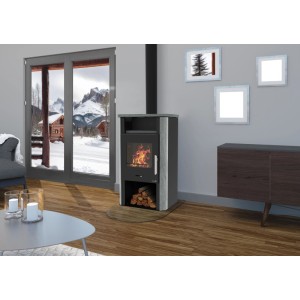 Wamsler Cube NS Kaminofen, Naturstein, Schwarz, 6 kW. Moderner Küchenofen mit Holzscheiten im Brennraum.
