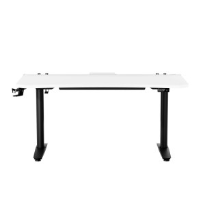 Weiß-schwarzer elektrischer Gaming-Schreibtisch X-Forge 1600 mit Höhenverstellung, ergonomischer Platte und Kopfhörerhalter.