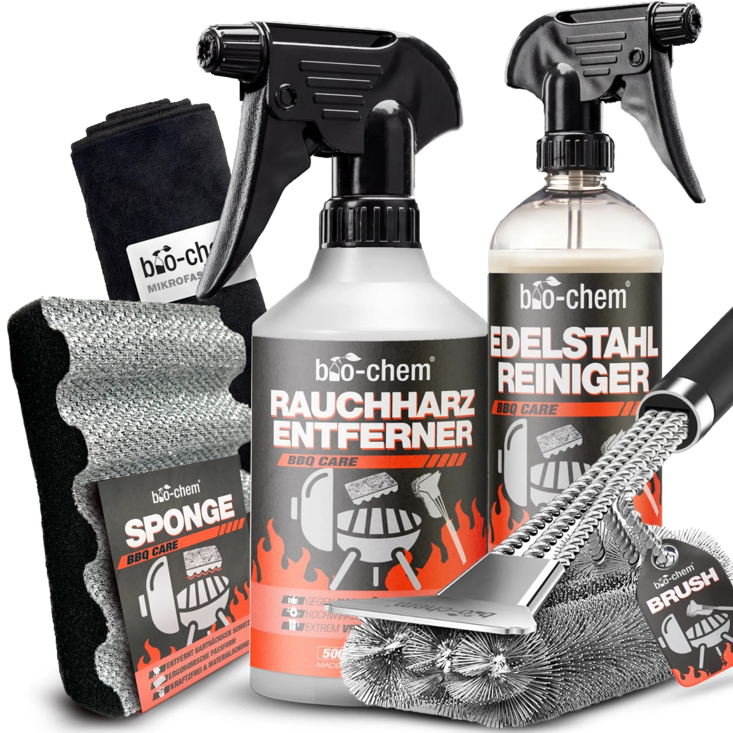 bio-chem Grillreiniger Rauchharz Profi-Set 5-teilig mit Bürste und Edelstahlpflege