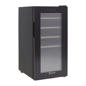 Sommertal Weinkühler WK50, schwarzer Kühlschrank mit Glastür und Holzböden.