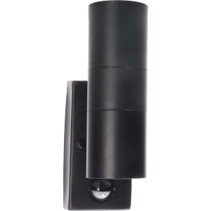 Schwarze LED Außenwandleuchte mit IR-Sensor, runde Form. Ideal für die Beleuchtung von Hauseingängen.