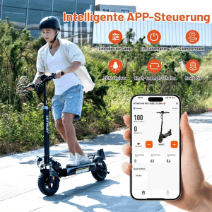 Mann fährt schwarzen HITWAY H9 Pro E-Scooter mit 10 Zoll Offroad-Reifen. Smartphone zeigt APP-Steuerung für 500W Motor und Akku.