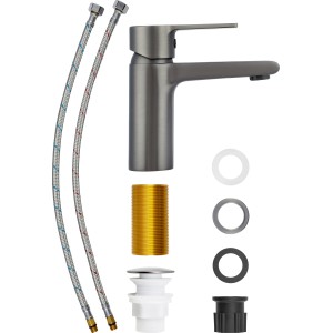 Waschtischarmatur Bisenzio Einhebel in Gunmetal mit Zubehör und Anschlussschläuchen.