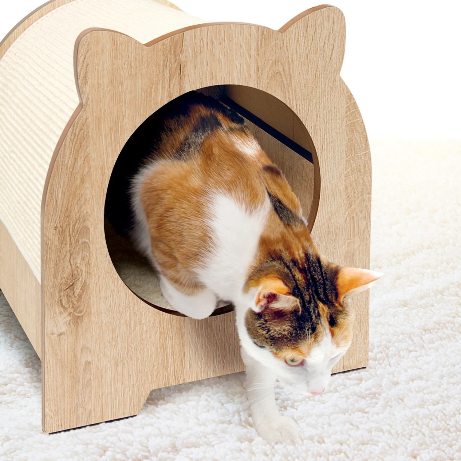 Katze verlässt Vesper Katzenhöhle Minou in Eichenoptik mit Kratzmatte.