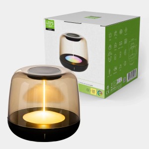 Dimmbare LED Akku Tischleuchte mit RGB und Rauchglas, geeignet für Innen- und Außenbereich.