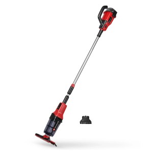 Roter Einhell Akku Poolsauger GE-PV 18 42 Li mit Teleskopstange und Saugplatte für Poolreinigung.