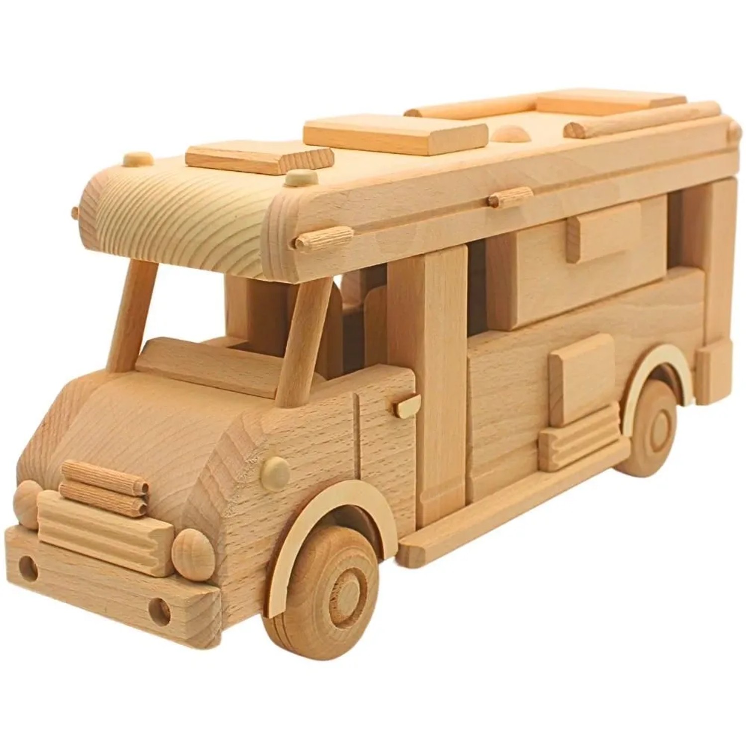 Dekohelden24 Naturbelassener XXL Holzcamper Holzauto als Campingwagen Dekoauto Geschenk für Campingfreunde Modellauto zum Bemalen L/B/H 38 x 9 x 16 cm