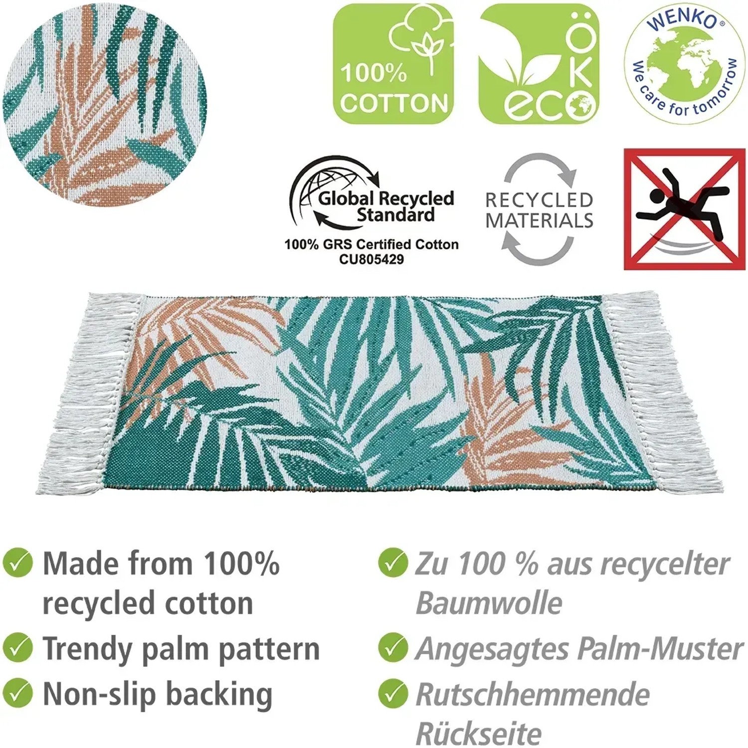 WENKO Badematte Sidyma – 60x90 Cm, Aus 100% Bio-Baumwolle, Rutschhemmend & Waschbar (beige, Shaggy-Optik)
