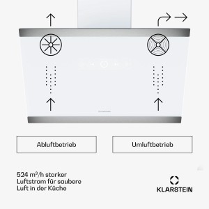 Weiße Klarstein FlashLine Dunstabzugshaube, Diagramm der Abluft- und Umluftfunktionen mit 524m³/h Leistung.