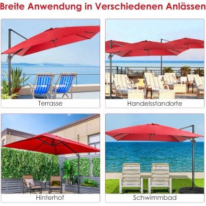 Roter 300x300 cm Ampelschirm mit Kurbel und 360° Drehung, gezeigt auf Terrasse, Pool und im Garten.