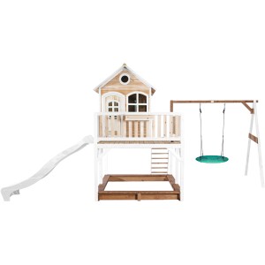 Axi Liam Spielhaus mit Nestschaukel und Rutsche, braun-weiß, für Kinder zum Klettern, Schaukeln und Rutschen.
