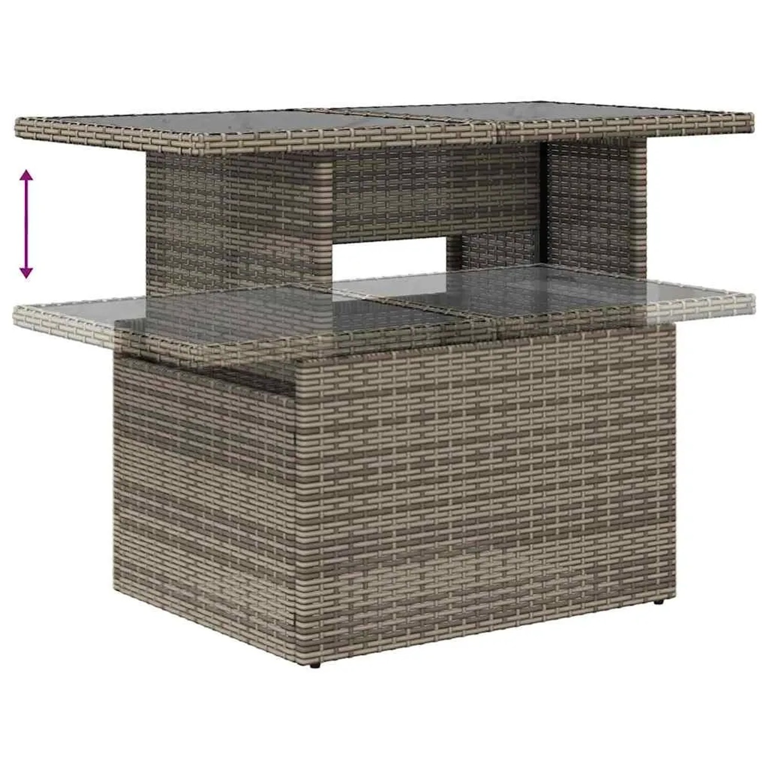 Grauer vidaXL Gartentisch mit Stauraum aus Polyrattan, höhenverstellbar.