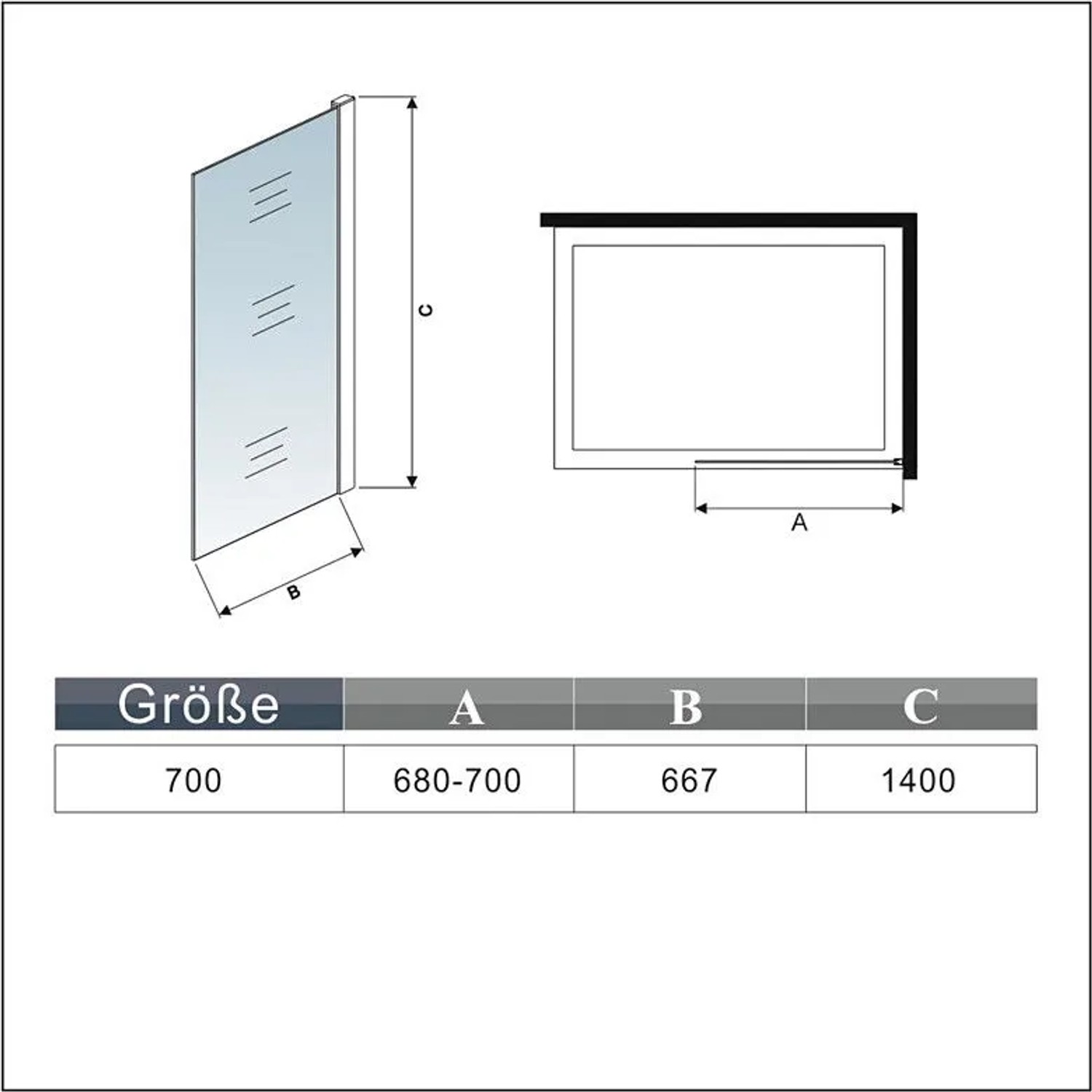 Technische Zeichnung: Duschparadies Badewannenaufsatz 70x140cm, Festglas Duschwand mit Maßen.