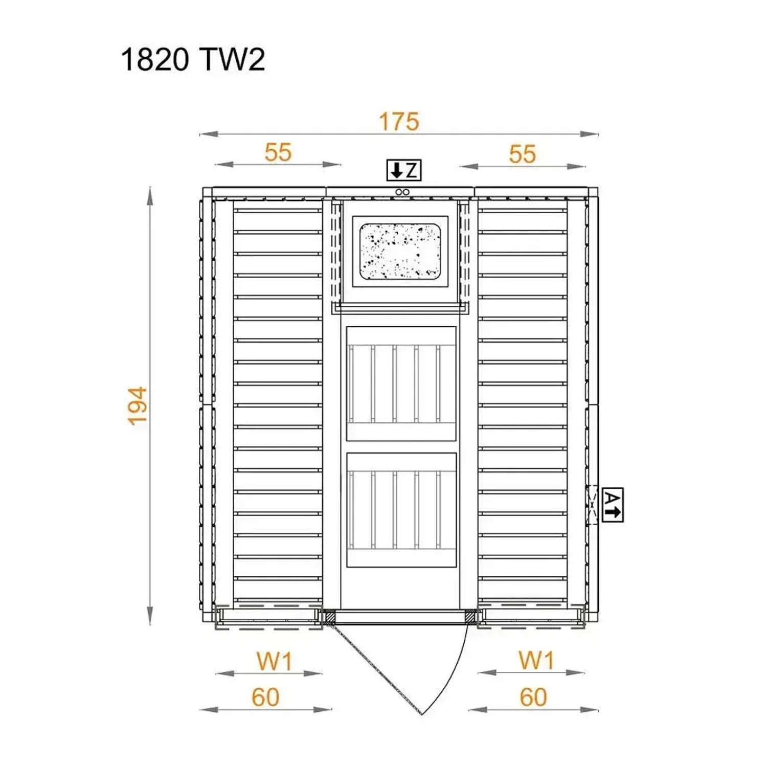 Grundriss Finntherm Sauna Karina 1820: 175x194 cm, naturbelassene Massivholzsauna mit Tür.