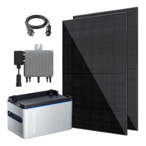 Vale Balkonkraftwerk 860W mit Speicher: 2 Solarmodule, Wechselrichter, Speicherbatterie, Anschlusskabel.