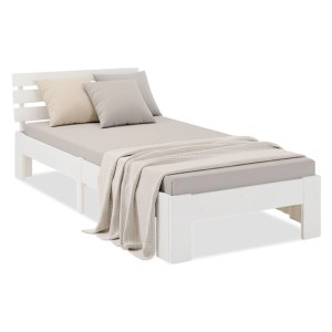 Weißes Massivholz-Einzelbett 90x200 cm mit Lattenrost und Kopfteil. Mit grauer Matratze, Kissen und Decke.