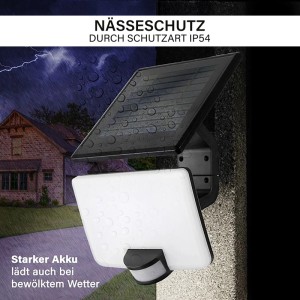 Schwarzer MegaLight Sunflood Solar-LED-Strahler mit Bewegungsmelder, IP54 wetterfest, an Hauswand montiert.