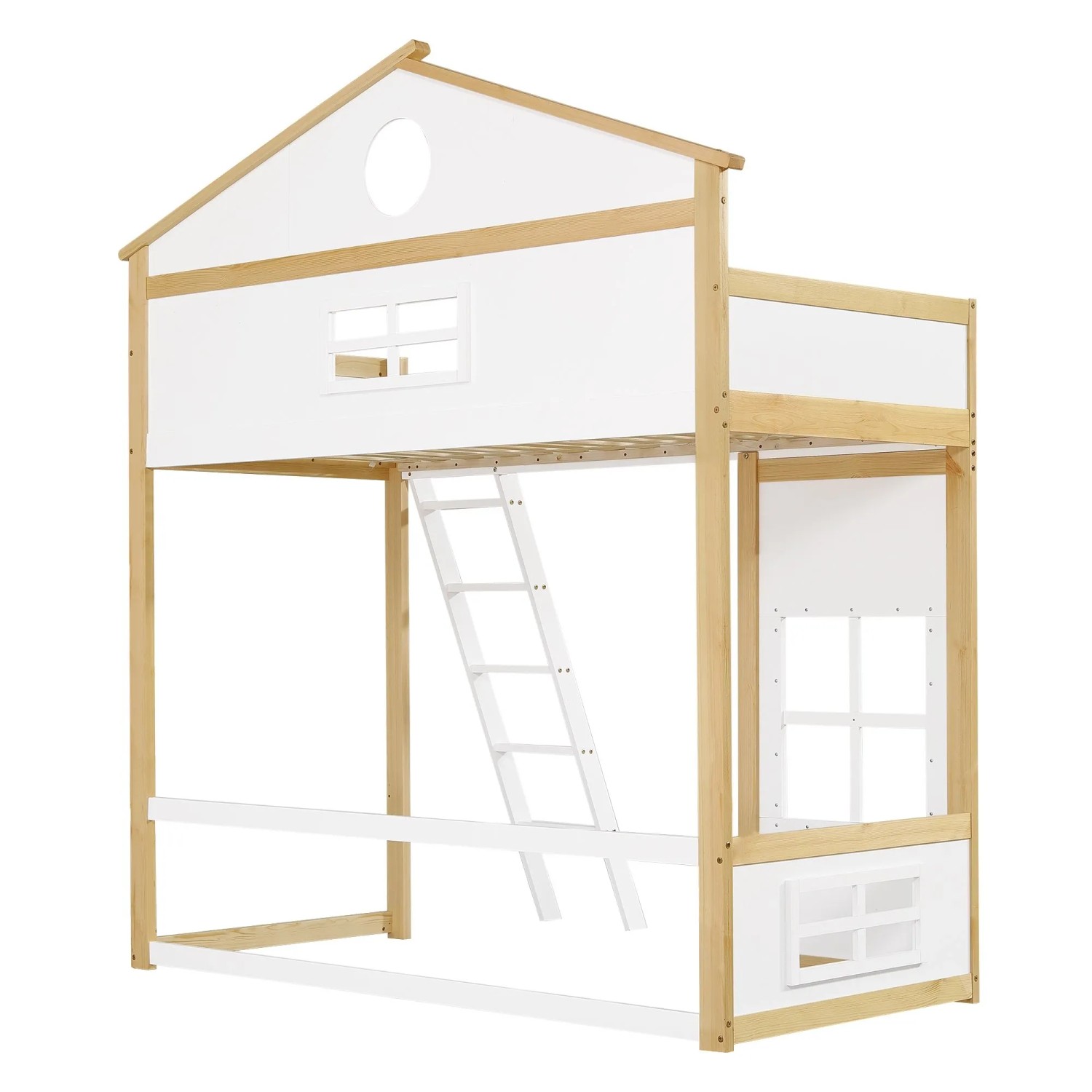 okwish Etagenbett 90x200cm mit Treppe und Dach Kinderzimmer Weiß Natur ohne Matratze