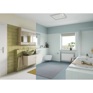 Badezimmer mit Möbeln, gestrichen mit Alpina Möbel-Lack Bad & Küche in Baumwollweiß seidenmatt.