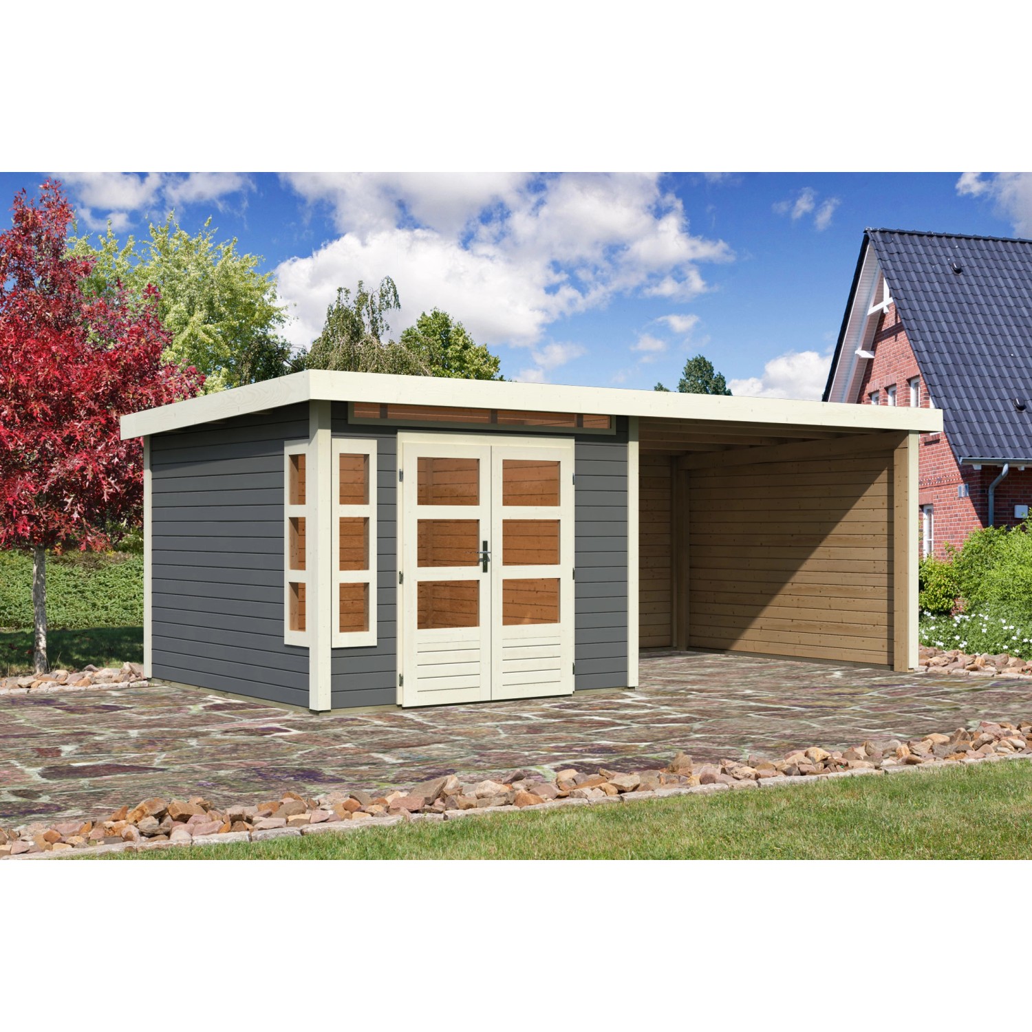 Karibu Holz-Gartenhaus/Gerätehaus Kastberg Terragrau Flachdach Lackiert 270 cm x 270 cm
