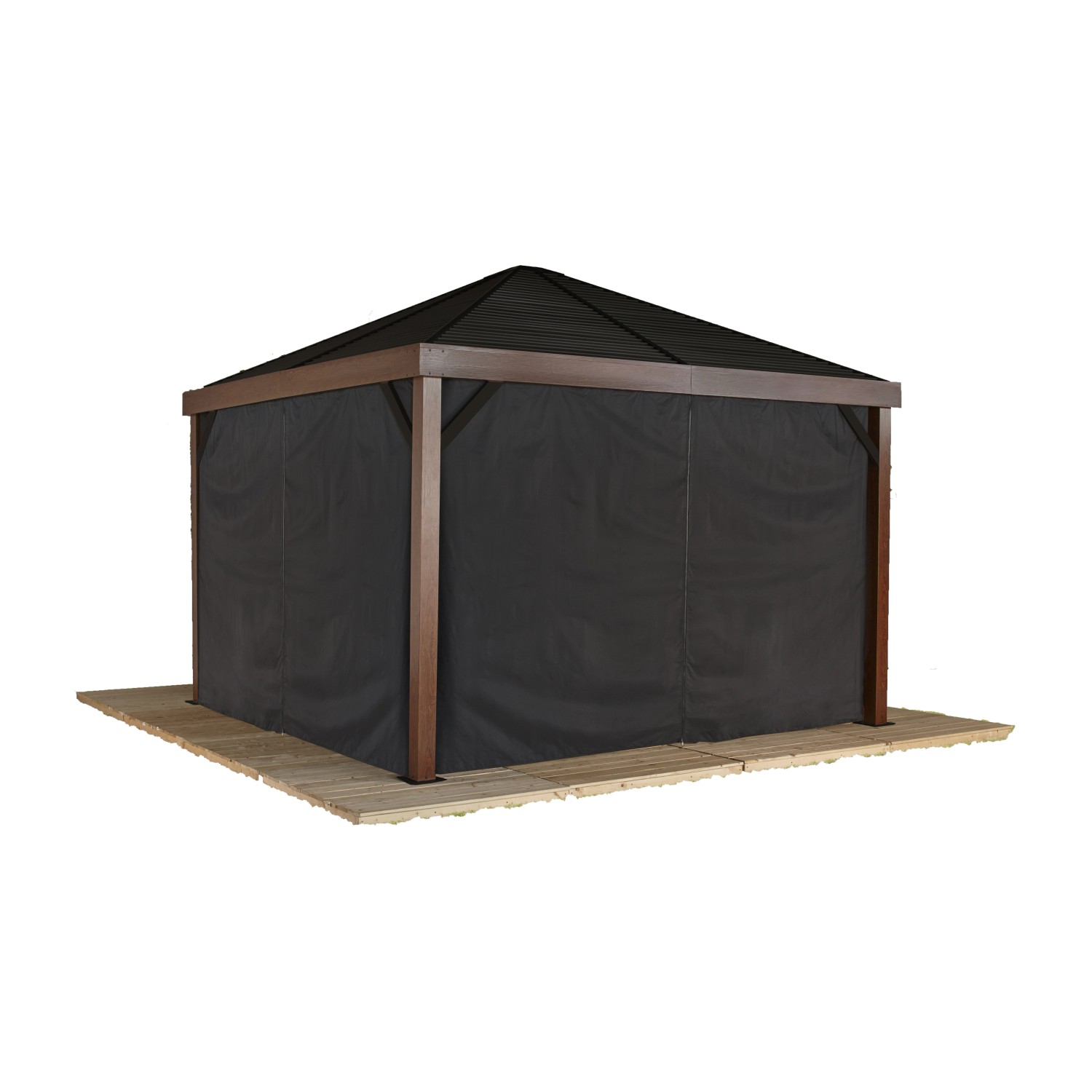 Sojag Vorhang-Set für South Beach Pavillon 12x12, Komplettansicht mit schwarzen Vorhängen.