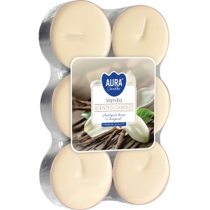 6 Maxi-Duftkerzen Vanille im Teelichtformat, Ø 5,7 cm, in Folie verpackt.