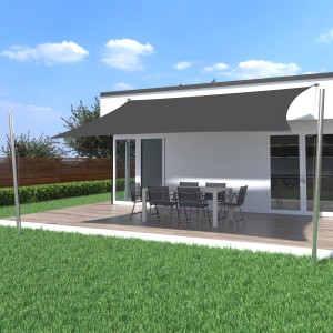 Anthrazit Sonnensegel Komplettset 4x3m mit Edelstahl-Halterung und Mast über einer Terrasse.