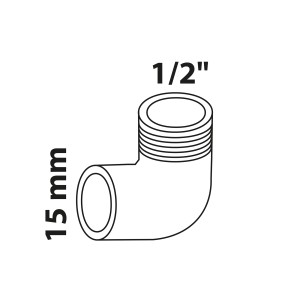 Kirchhoff Winkel 90°: 15 mm Muffe auf 21 mm (1/2 Zoll) Außengewinde, blank.