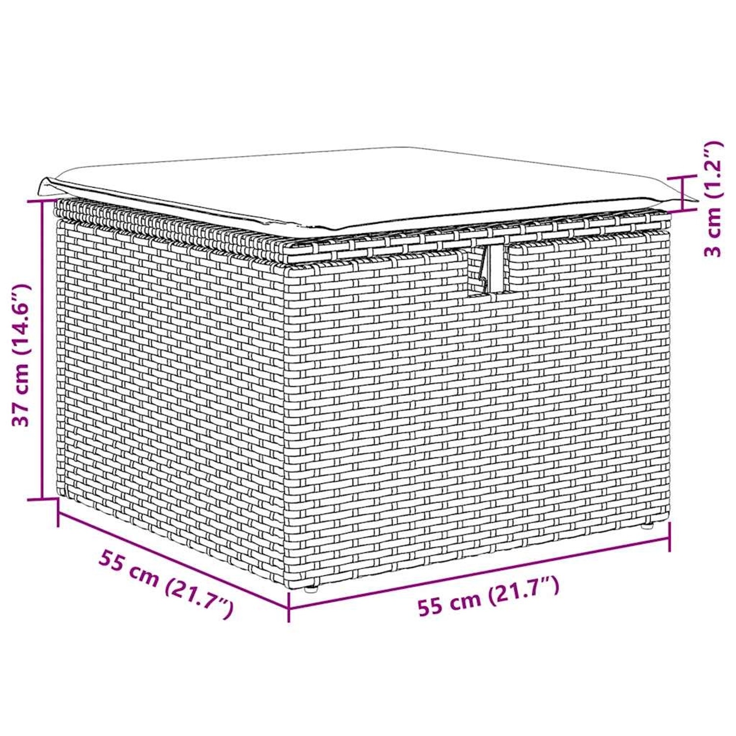 Skizze eines beigen Poly Rattan Garten-Fußhockers/Tischs der vidaXL 6-Tlg Garten-Sofagarnitur mit Kissen.