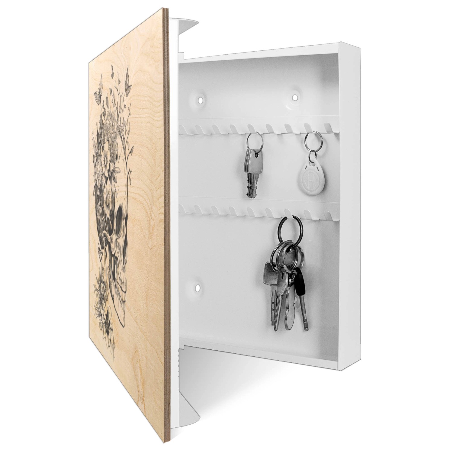Banjado Schlüsselkasten mit Holzfront, Floral Skull Motiv, 50 Haken, Scharnier links.