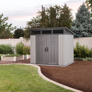 Lifetime Gerätehaus Merkur dunkelgrau (5,4 m²) im Garten. Kunststoff-Gartenhaus mit Doppeltür.