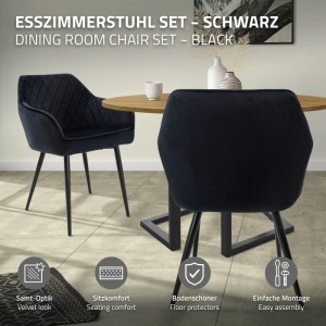 Schwarze Samt Esszimmerstühle mit Armlehnen und Rautensteppung. Modernes 6er Set Polsterstühle für hohen Komfort.