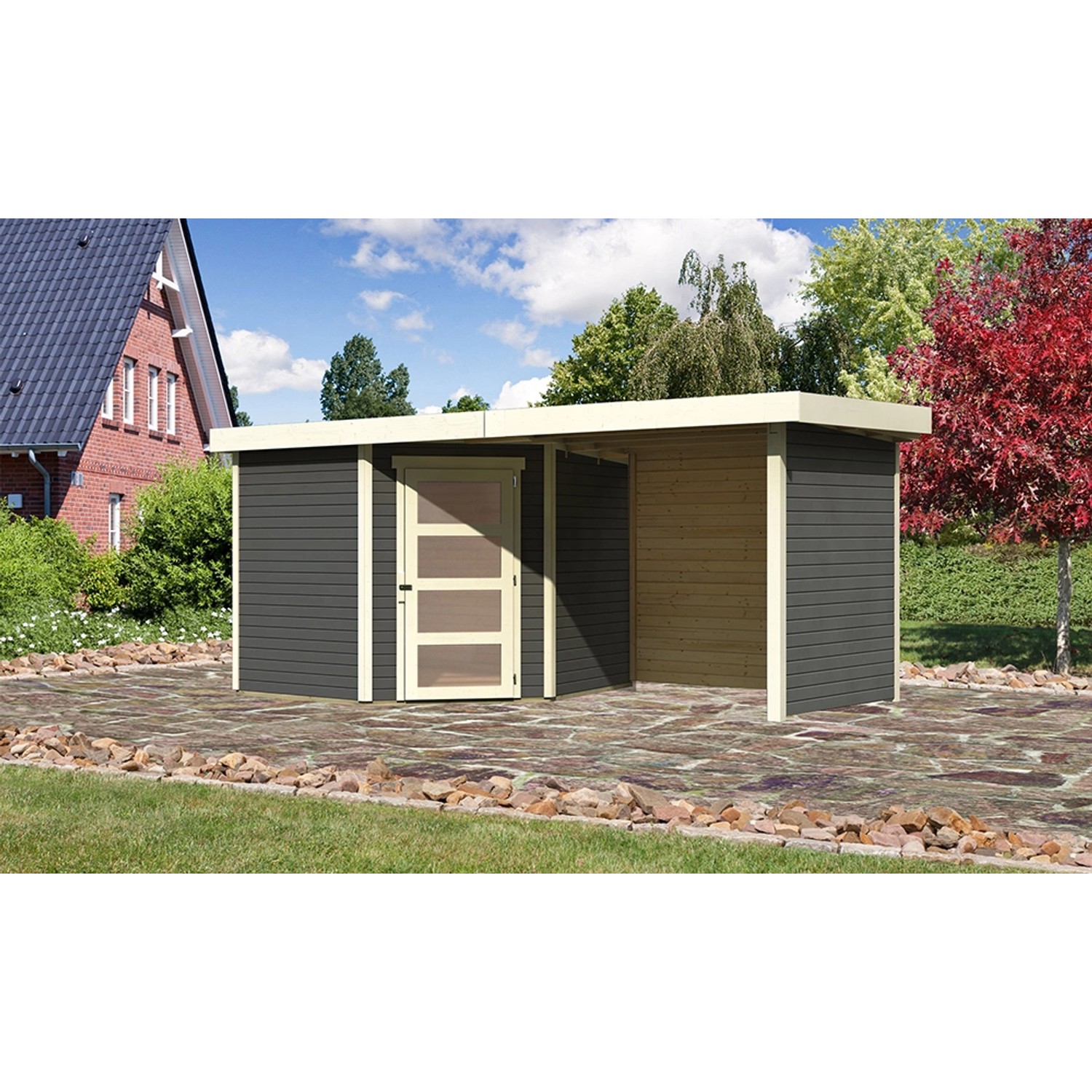 Karibu Holz-Gartenhaus Linköbing Terragrau Pultdach Lackiert 238 cm x 242 c günstig online kaufen