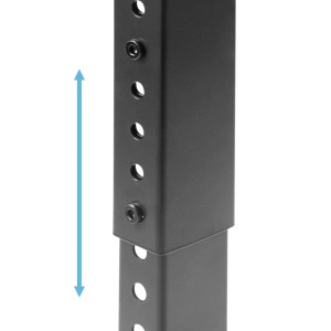 Detailaufnahme: Höhenverstellbares Bein der STAHLWERK Werkbank, mit blauen Pfeil zur Verdeutlichung.