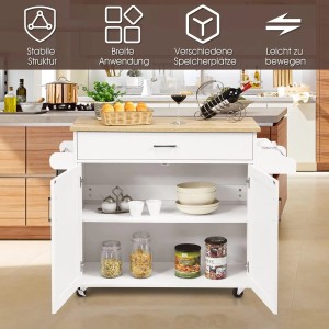 Weißer Costway Küchenwagen mit Holzplatte, Schublade, offenem Schrank und Rollen für die Küche.
