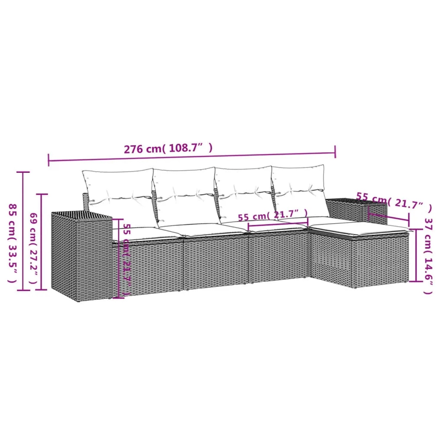 Braune 5-tlg. vidaXL Garten-Sofagarnitur aus Poly Rattan mit cremeweißen Kissen.