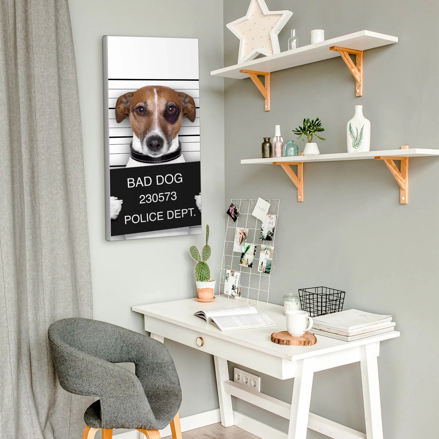 Magnettafel mit Jack Russel Motiv "Bad Dog", 37x78cm, silberne Magnetwand für Notizen und Fotos.