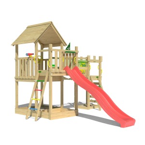 Jungle Gym Spielturm Lookout mit roter Rutsche, Wackelbrücke und Kletterrampe aus Holz.