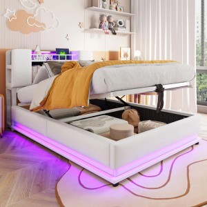 Beiges Kinderpolsterbett 90x200cm mit LED-Beleuchtung, USB-Anschluss und aufklappbarem Bettkasten für Stauraum.