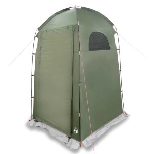 Olivgrünes vidaXL Duschzelt aus wasserfestem Polyester für Camping. Mit Reißverschluss-Eingang und Fenster, ideal für Outdoor-Privatsphäre.