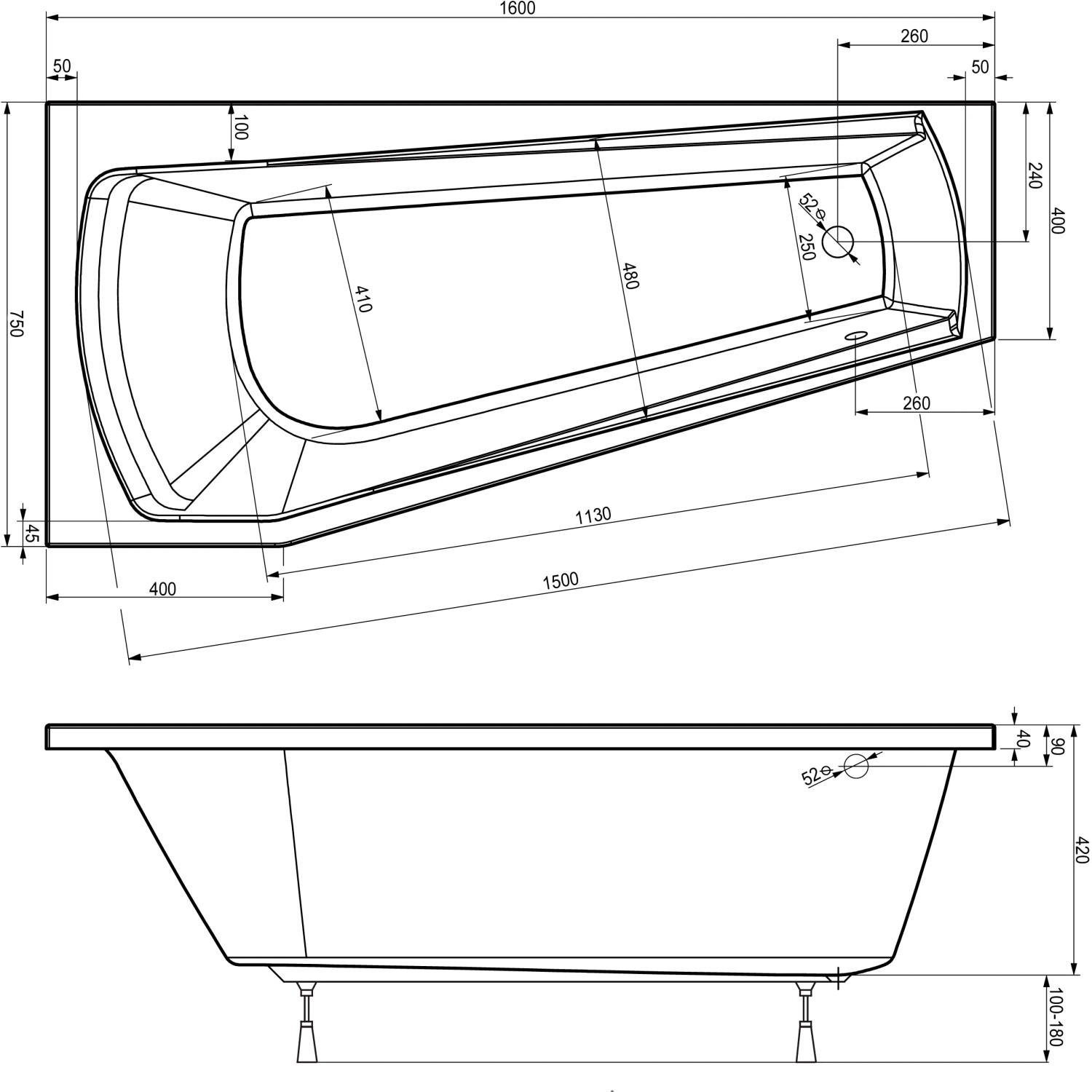 Technische Zeichnung der Badewanne Bahia, 160x75 cm, Typ B, mit Maßangaben.