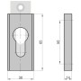 Technische Zeichnung einer eckigen Basi Schutz-Schieberosette SR 450 PZ aus Alu F2, 14 mm stark.