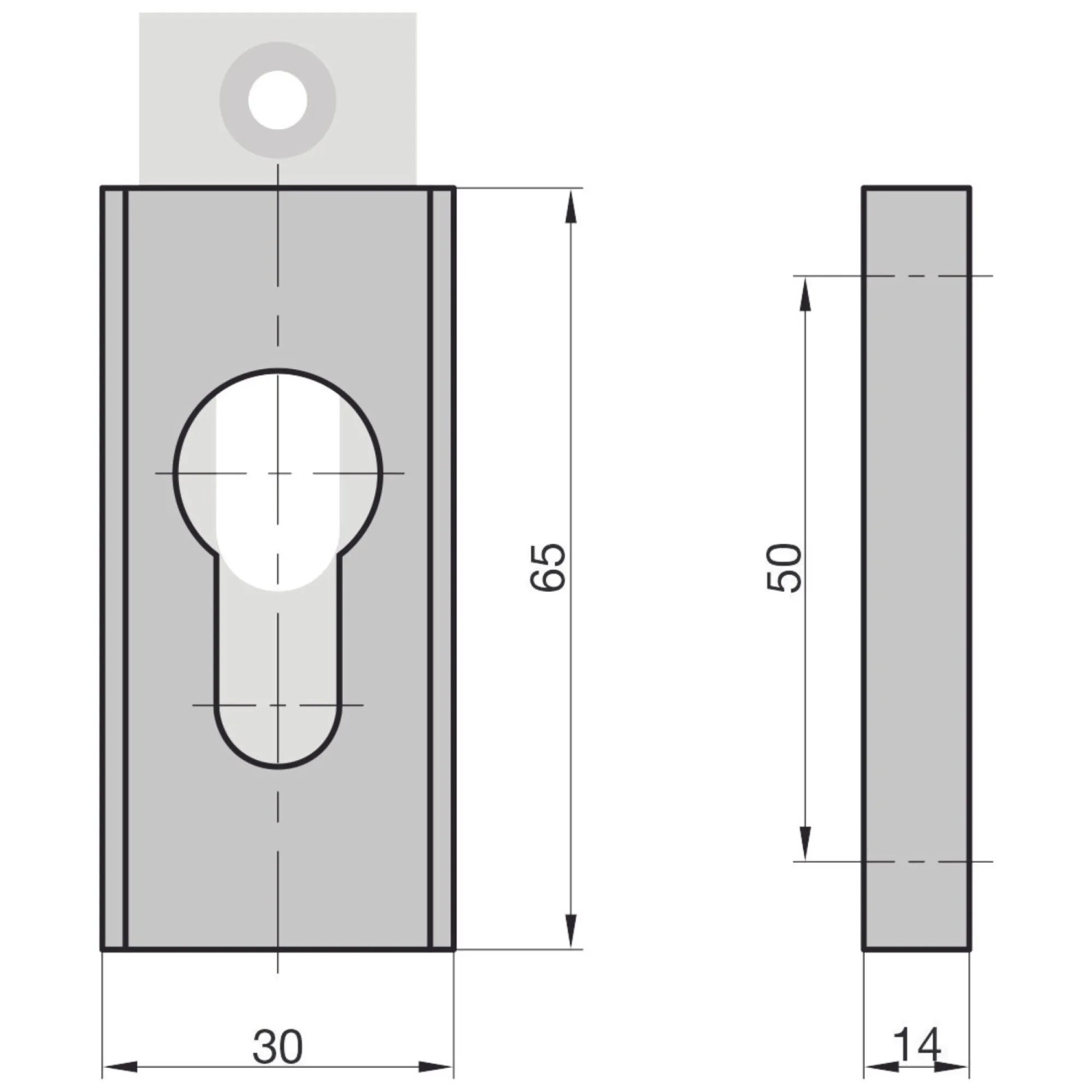 Technische Zeichnung einer eckigen Basi Schutz-Schieberosette SR 450 PZ aus Alu F2, 14 mm stark.